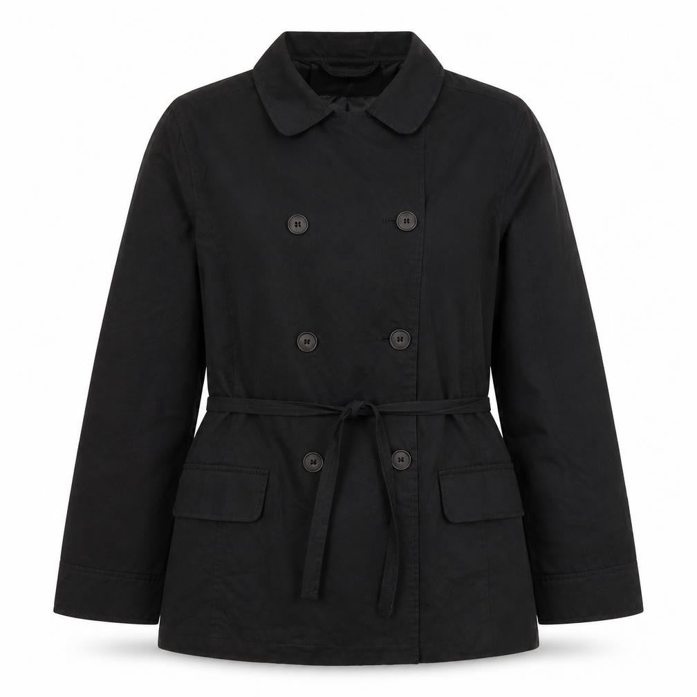 Front view of OffShoot women’s black trench coat jacket, size UK 14, button