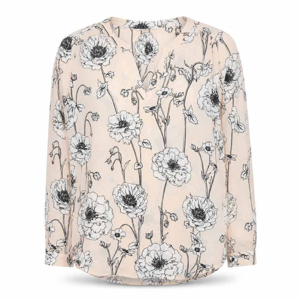 Front view of Marks & Spencer women’s beige floral polyester basic blouse, size UK 8, v-neck
