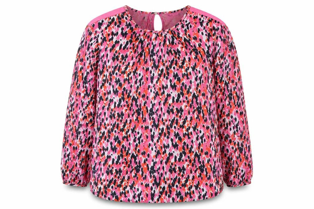Front view of Marks & Spencer women’s pink animal print polyester basic blouse, size UK 16, round neck - leopard print
