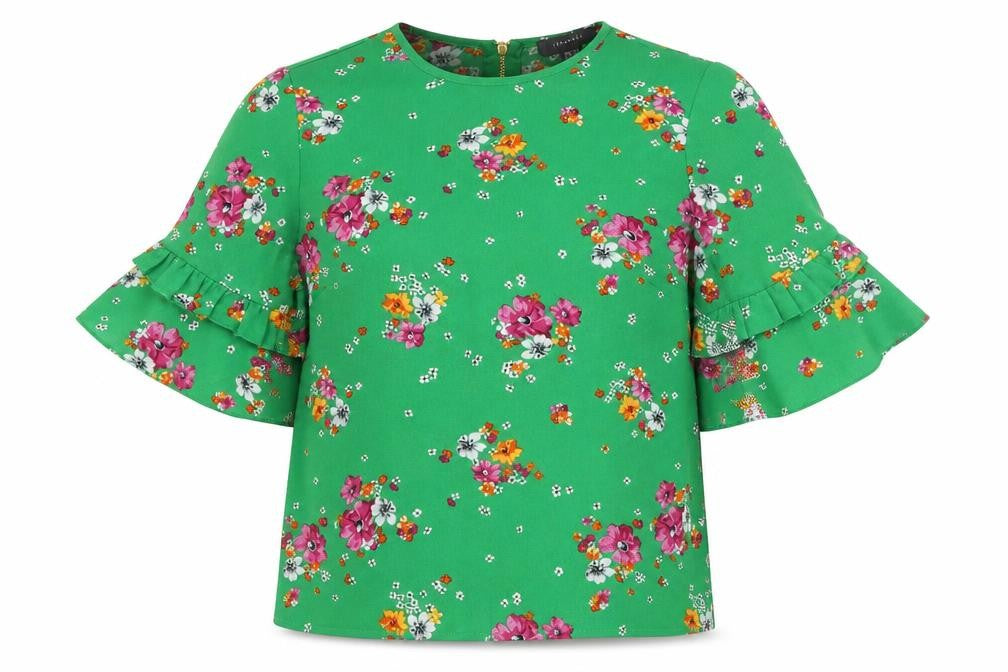 Front view of Primark women’s green floral polyester basic blouse, size UK 10, round neck