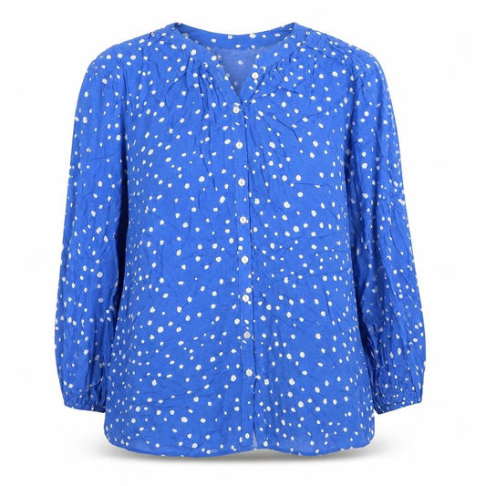 Front view of Preworn women’s blue polka dot viscose basic button-up, size S, round neck
