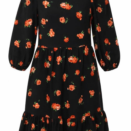 Friends Like These Womens Black Floral Polyester Fit & Flare Size 8 Round Neck Button