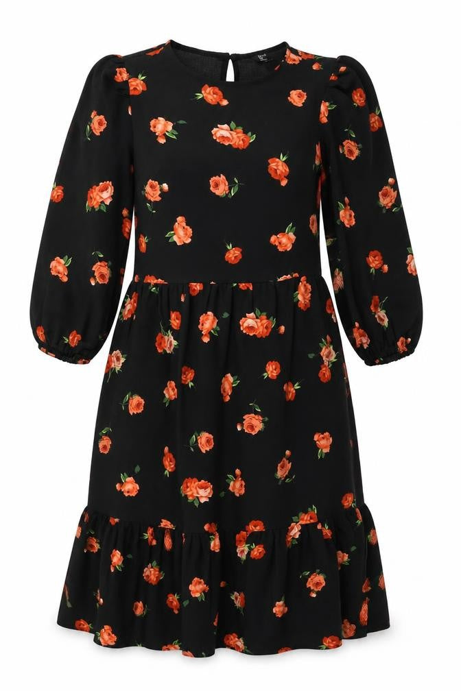Friends Like These Womens Black Floral Polyester Fit & Flare Size 8 Round Neck Button