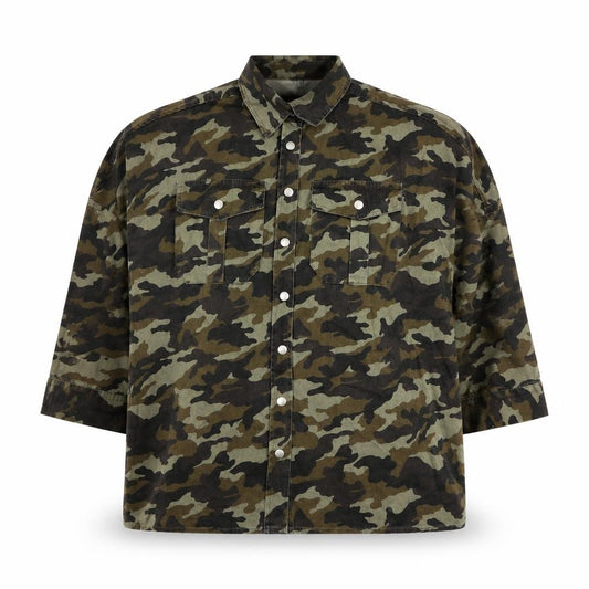 Front view of Boohoo women’s green camouflage jacket, size S, button -, size S/m