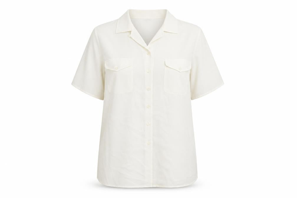 Front view of Marks & Spencer women’s ivory polyester basic button-up, size UK 16, collared