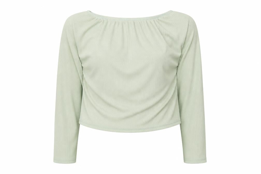 Front view of Stylewise women’s green polyester cropped blouse, size UK 8, square neck