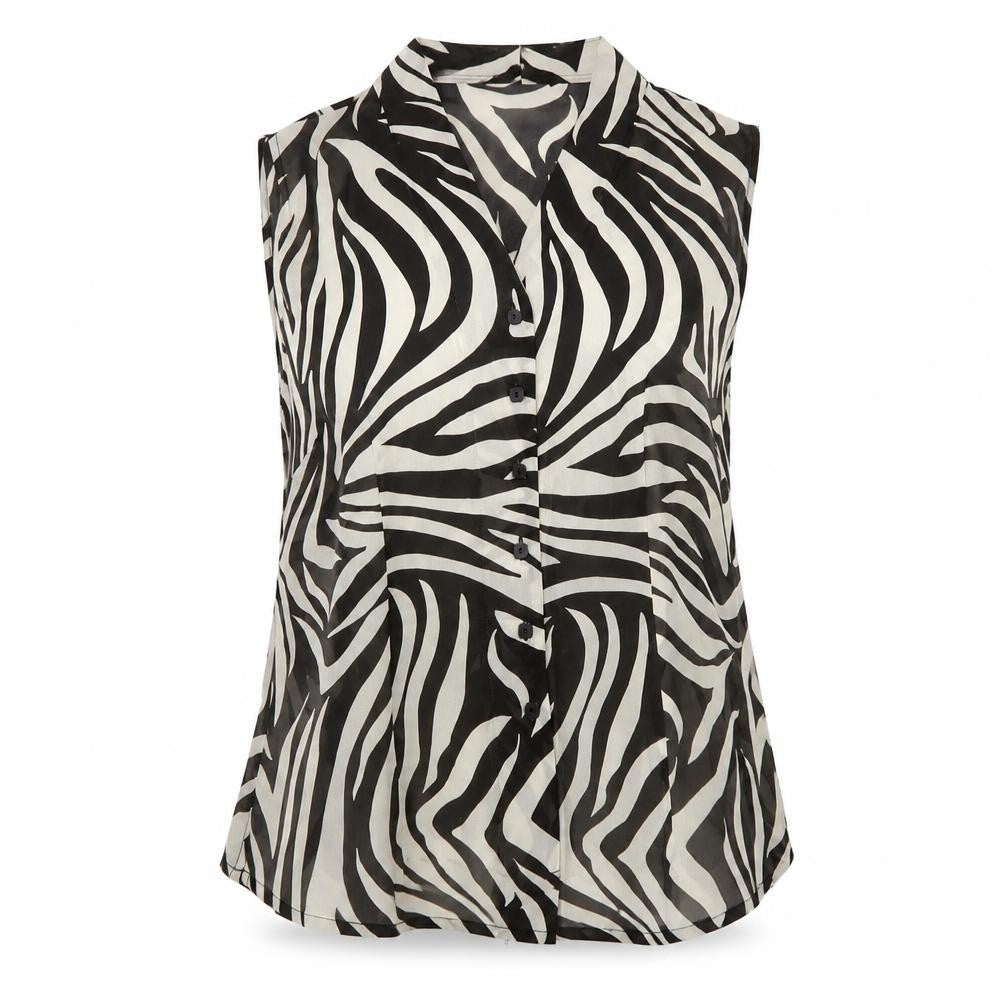 Front view of Alex&Co women’s black animal print polyester basic tank, size UK 14, v-neck - zebra pattern