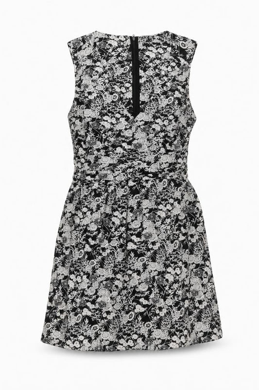 Front view of Dorothy Perkins women’s black floral cotton a-line, size UK 12, v-neck zip