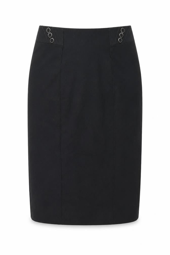 Front view of Marks & Spencer women’s grey polyester a-line skirt, size UK 32, in zip