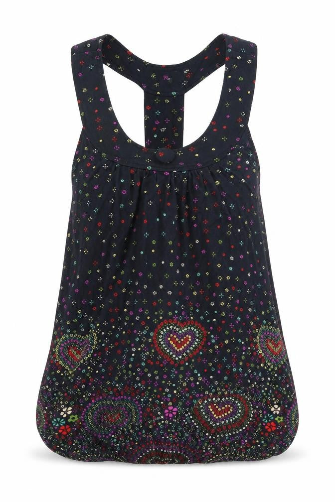 Front view of Yumi women’s black floral polyester basic tank, size S, scoop neck