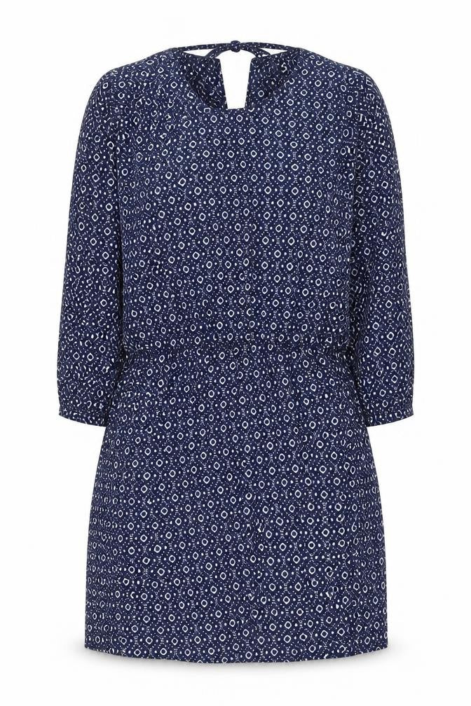 Front view of H&M women’s blue geometric polyester mini, size XS, round neck pullover