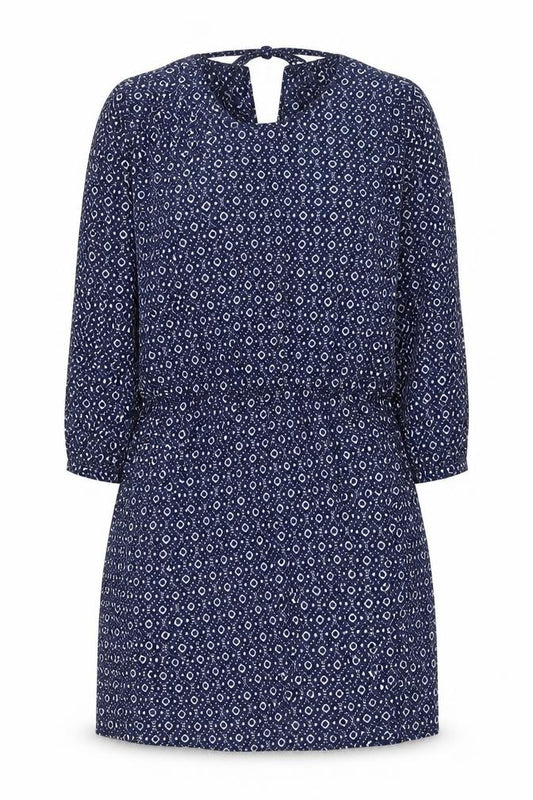 Front view of H&M women’s blue geometric polyester mini, size XS, round neck pullover