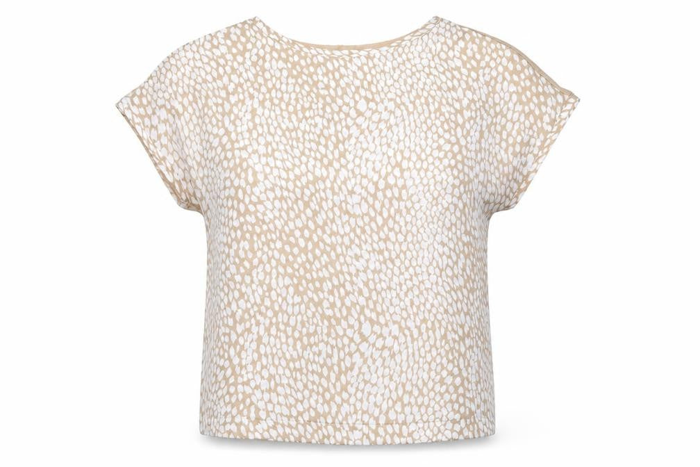 Front view of Marks & Spencer women’s beige animal print polyester basic t-shirt, size UK 8, round neck - leopard print