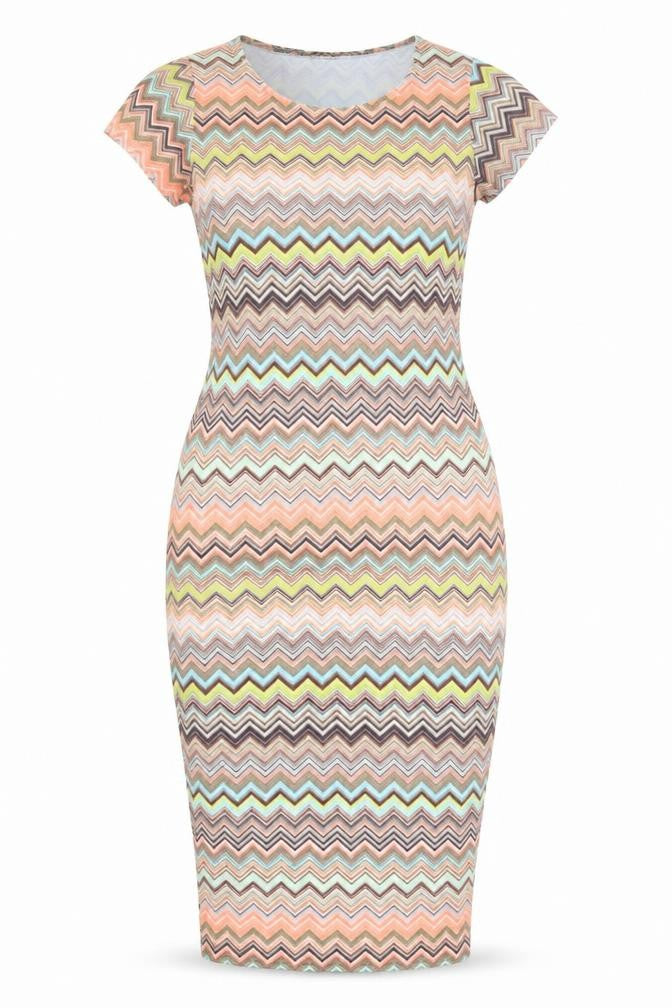 Front view of Graffic women’s multicoloured geometric polyester bodycon, size M, round neck pullover