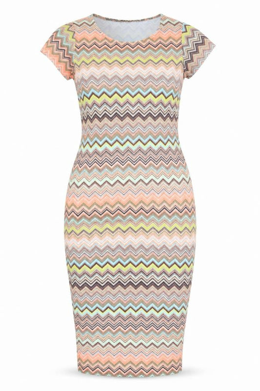 Front view of Graffic women’s multicoloured geometric polyester bodycon, size M, round neck pullover
