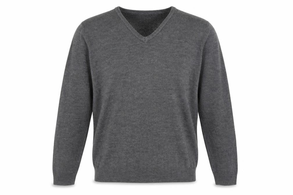 Front view of Marks & Spencer men’s grey v-neck acrylic jumper, size L