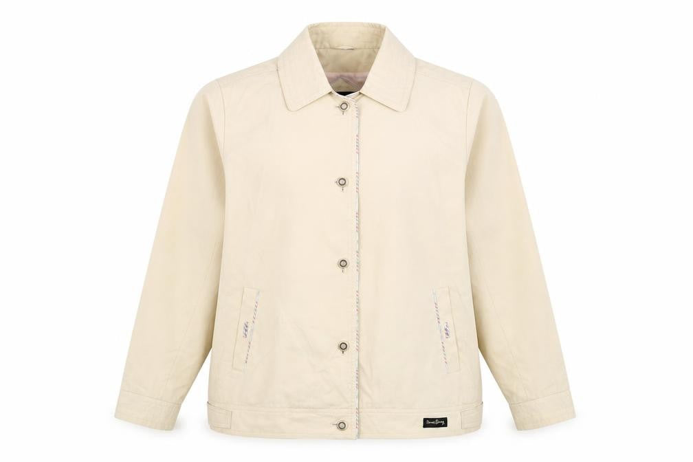Front view of David Barry women’s beige jacket, size UK 14, button