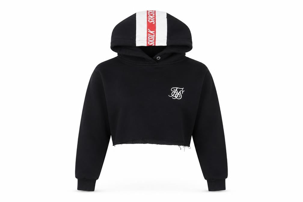 Front view of SikSilk women’s black cotton pullover hoodie, size UK 8, pullover