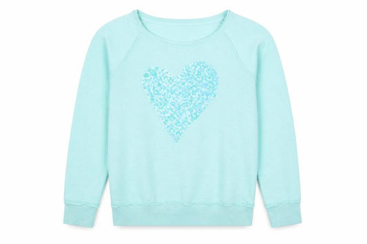 Front view of Next girls’ blue cotton pullover sweatshirt, size 12, years pullover - heart