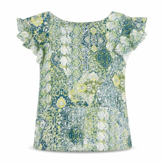 Front view of Blue Diamond women’s green geometric viscose basic blouse, size L, round neck