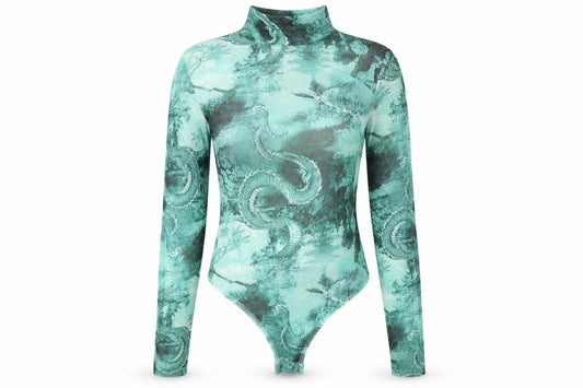 Front view of PRETTYLITTLETHING women’s green geometric polyester bodysuit one-piece, size UK 6, snap