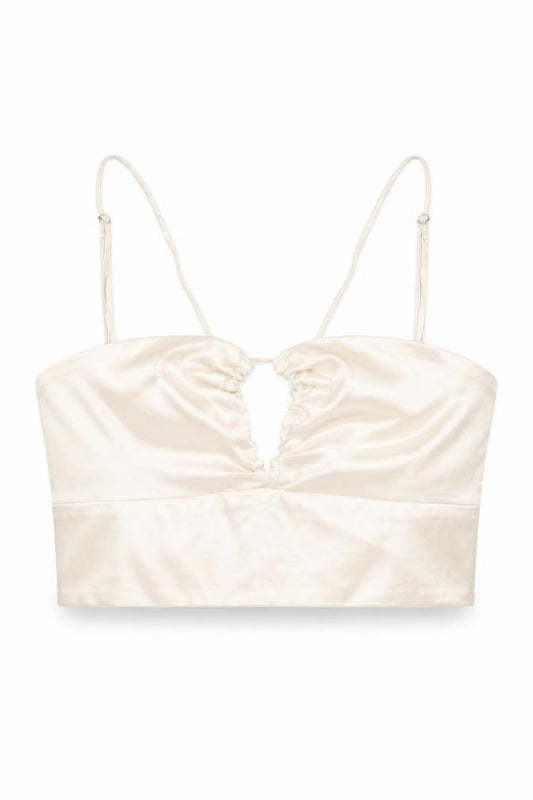 Front view of Zara women’s ivory viscose cropped tank, size XS, round neck - keyhole crossover neckline