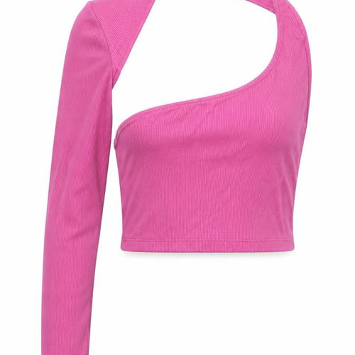 Pull&Bear Womens Pink Polyamide Cropped T-Shirt Size S One Shoulder - One Sleeved Hatler Neck Ribbed