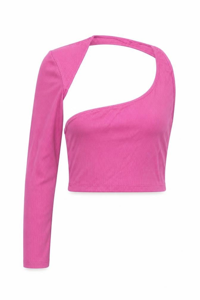 Pull&Bear Womens Pink Polyamide Cropped T-Shirt Size S One Shoulder - One Sleeved Hatler Neck Ribbed