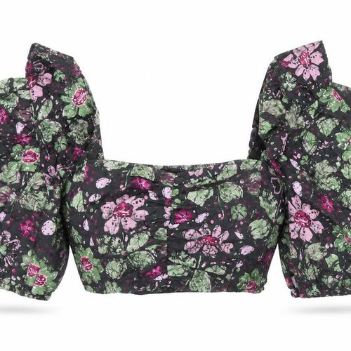 Zara Womens Multicoloured Floral Cotton Cropped Blouse Size XS Sweetheart - Frill Sleeve Detail
