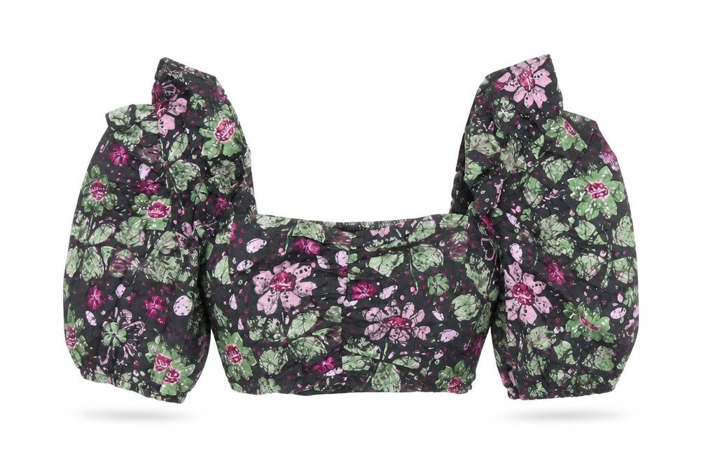 Zara Womens Multicoloured Floral Cotton Cropped Blouse Size XS Sweetheart - Frill Sleeve Detail