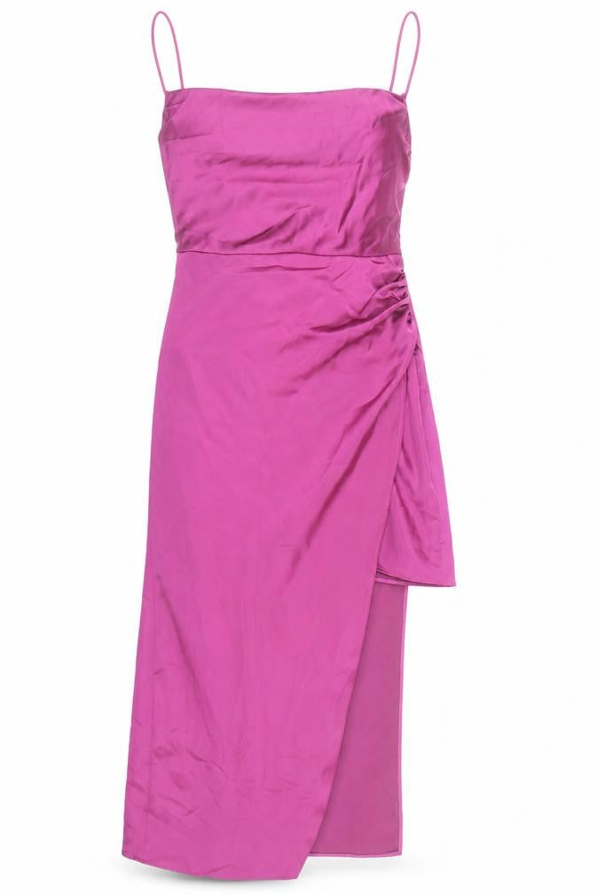 Front view of Zara women’s pink viscose shift, size S, square neck zip - open side wrap detail