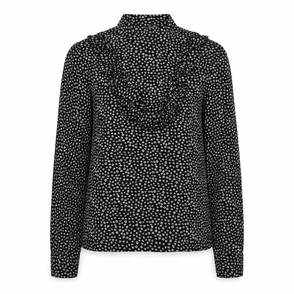 Front view of Miss Selfridge women’s black floral viscose basic blouse, size UK 8, mock neck
