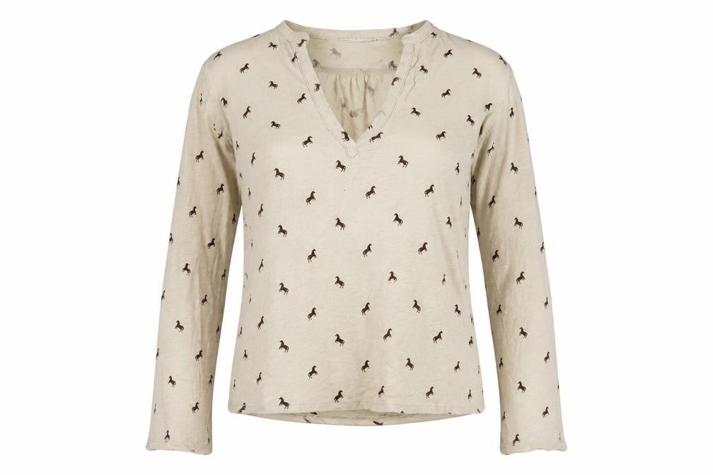 Front view of H&M women’s brown geometric polyester basic t-shirt, size XS, v-neck - horse print