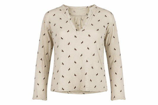 Front view of H&M women’s brown geometric polyester basic t-shirt, size XS, v-neck - horse print