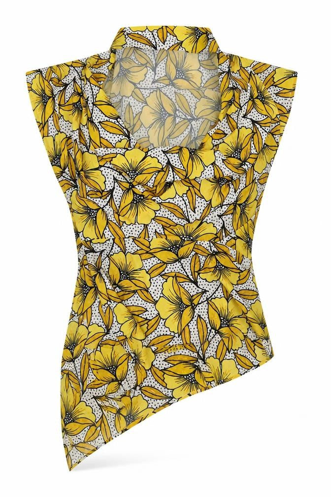 Front view of Topshop women’s yellow floral polyester basic blouse, size UK 8, scoop neck