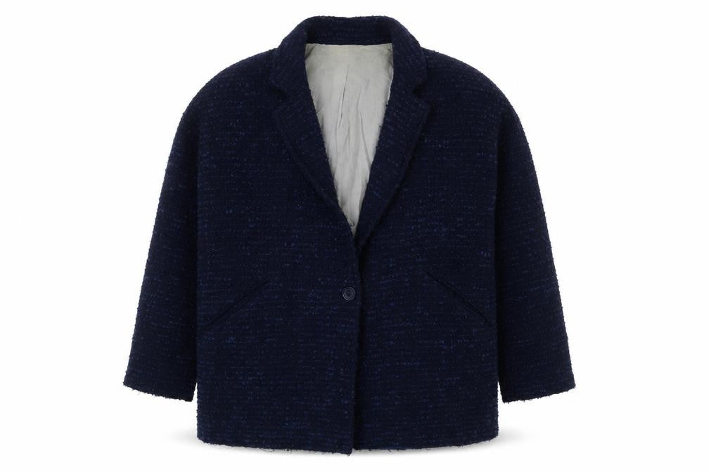 Front view of River Island women’s blue pea coat coat, size UK 14, button