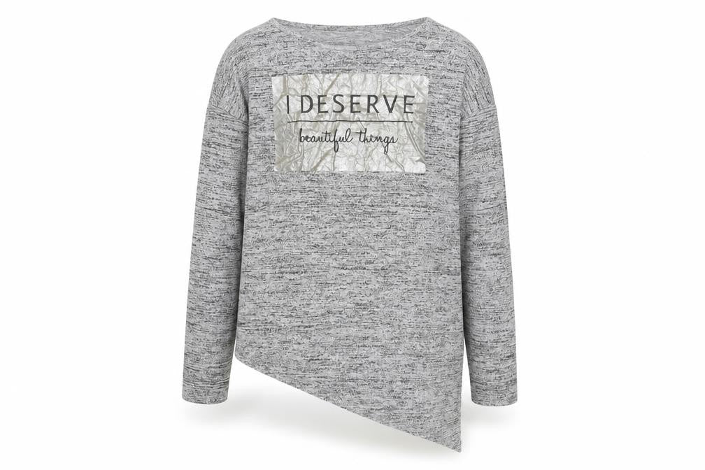 Front view of Young Dimension girls’ grey polyester basic t-shirt, years round neck pullover - i deserve beautiful things
