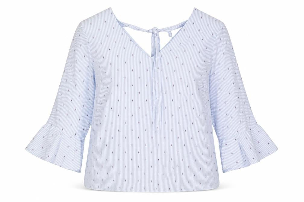 Front view of Matalan women’s blue striped polyester basic blouse, size UK 14, v-neck