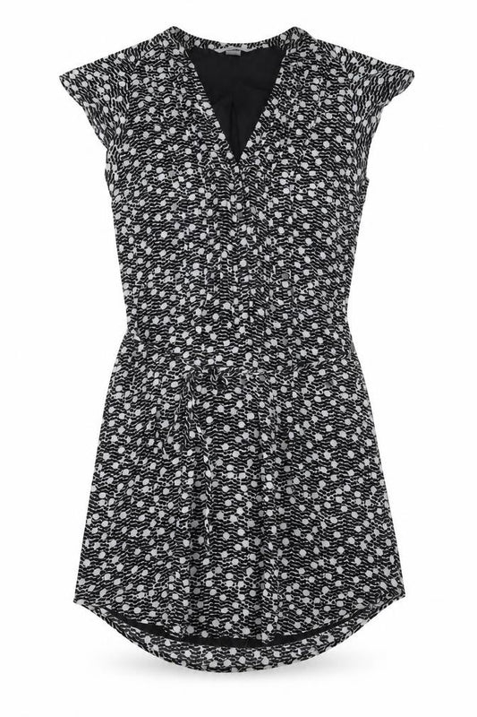 Front view of H&M women’s black geometric polyester a-line, size UK 8, v-neck button