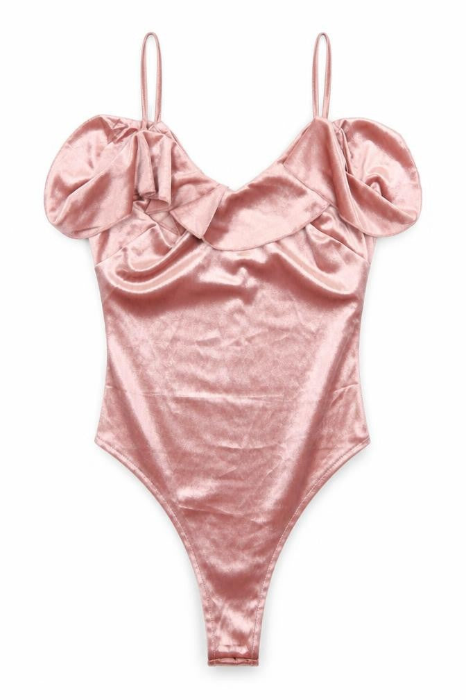 Front view of New Look women’s pink polyester bodysuit one-piece, size UK 6, snap