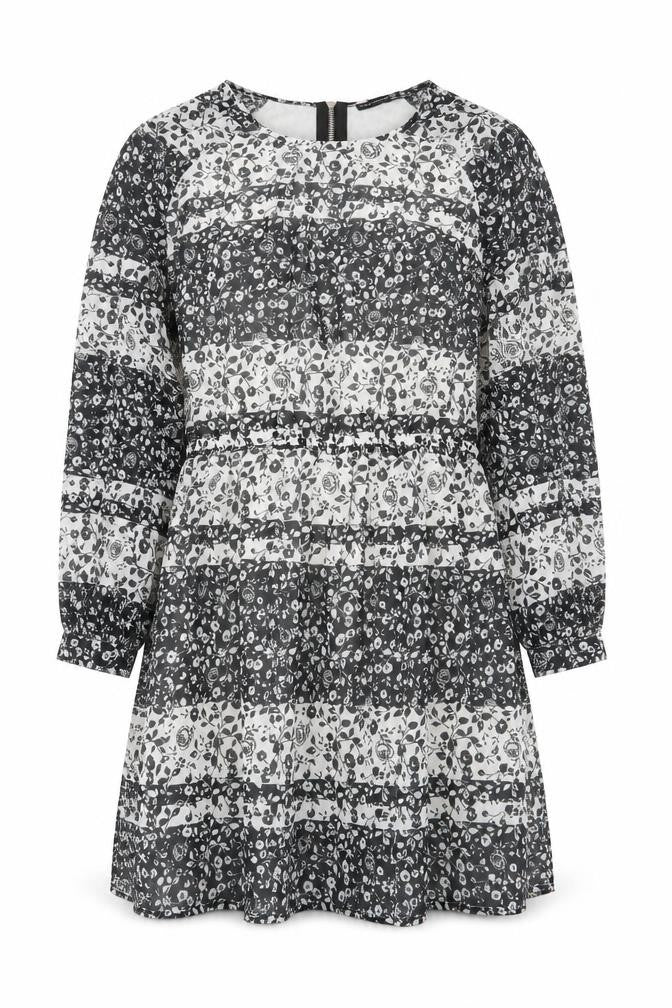 Front view of Atmosphere women’s black floral polyester a-line, size UK 14, boat neck zip