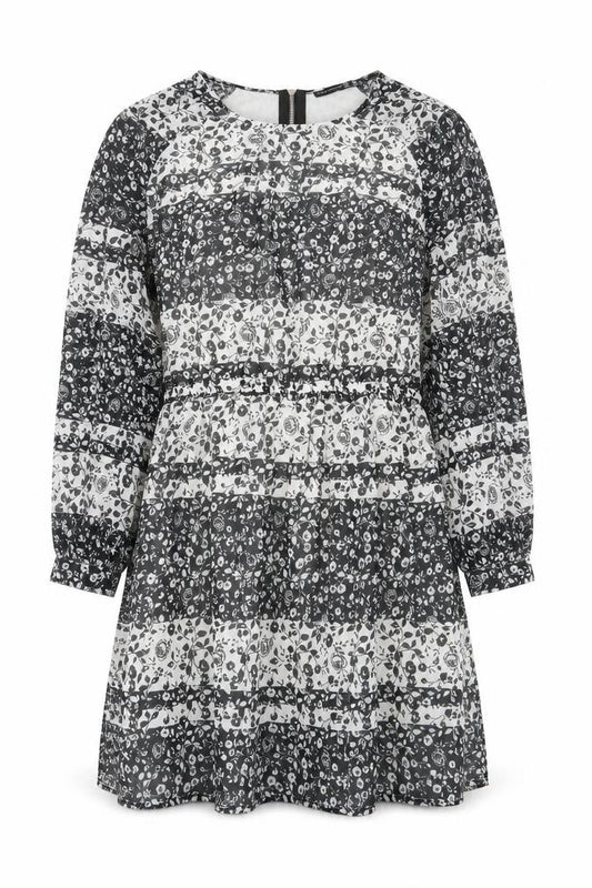 Front view of Atmosphere women’s black floral polyester a-line, size UK 14, boat neck zip