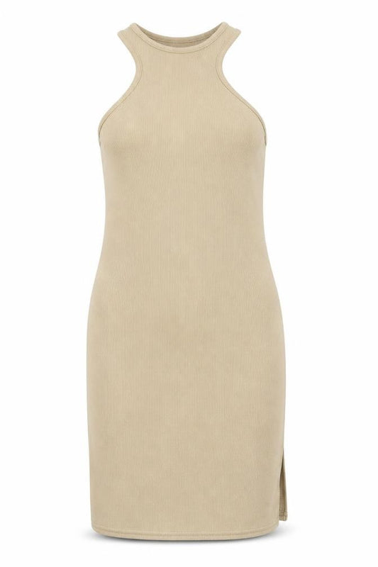 Front view of PRETTYLITTLETHING women’s beige polyester mini, size UK 12, round neck pullover
