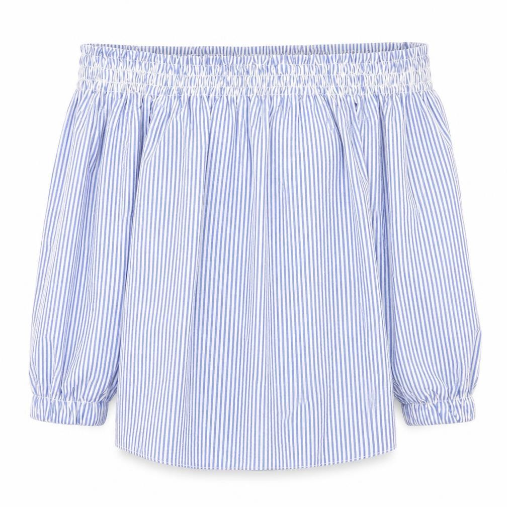 Front view of Atmosphere women’s blue striped polyester basic blouse, size UK 4, off the shoulder