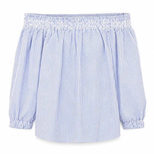 Front view of Atmosphere women’s blue striped polyester basic blouse, size UK 4, off the shoulder