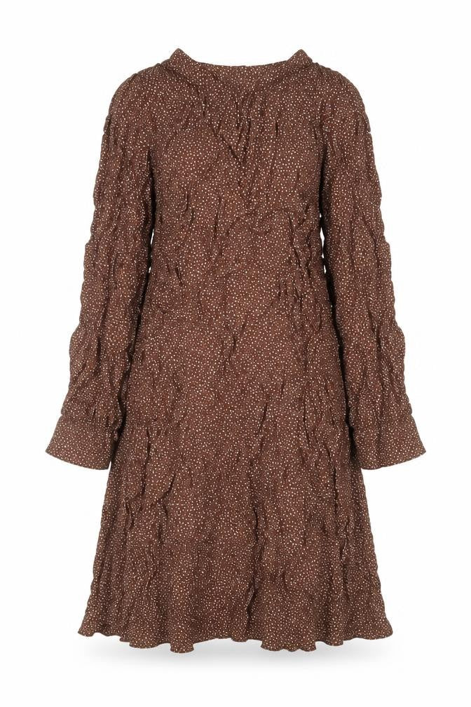 Front view of New Look women’s brown geometric viscose a-line, size UK 10, mock neck button