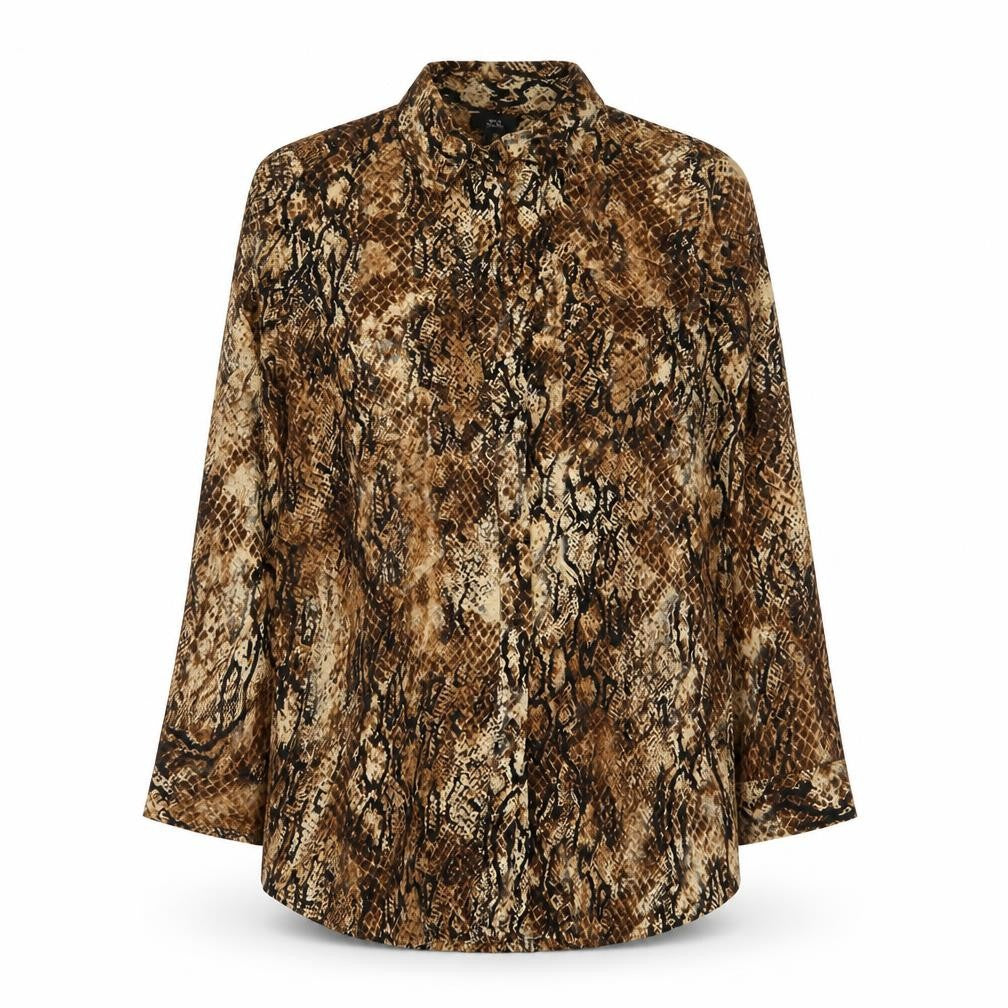 Front view of River Island women’s beige animal print viscose basic button-up, size UK 8, collared - snake skin print