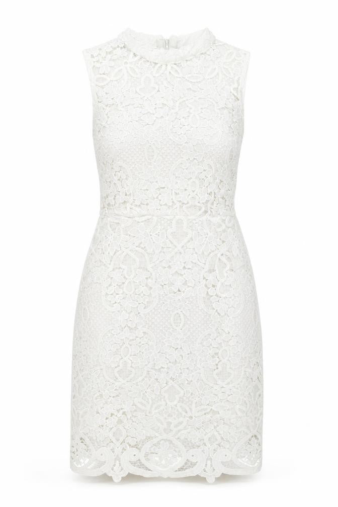 Front view of Quiz women’s white floral polyester bodycon, size UK 6, mock neck zip