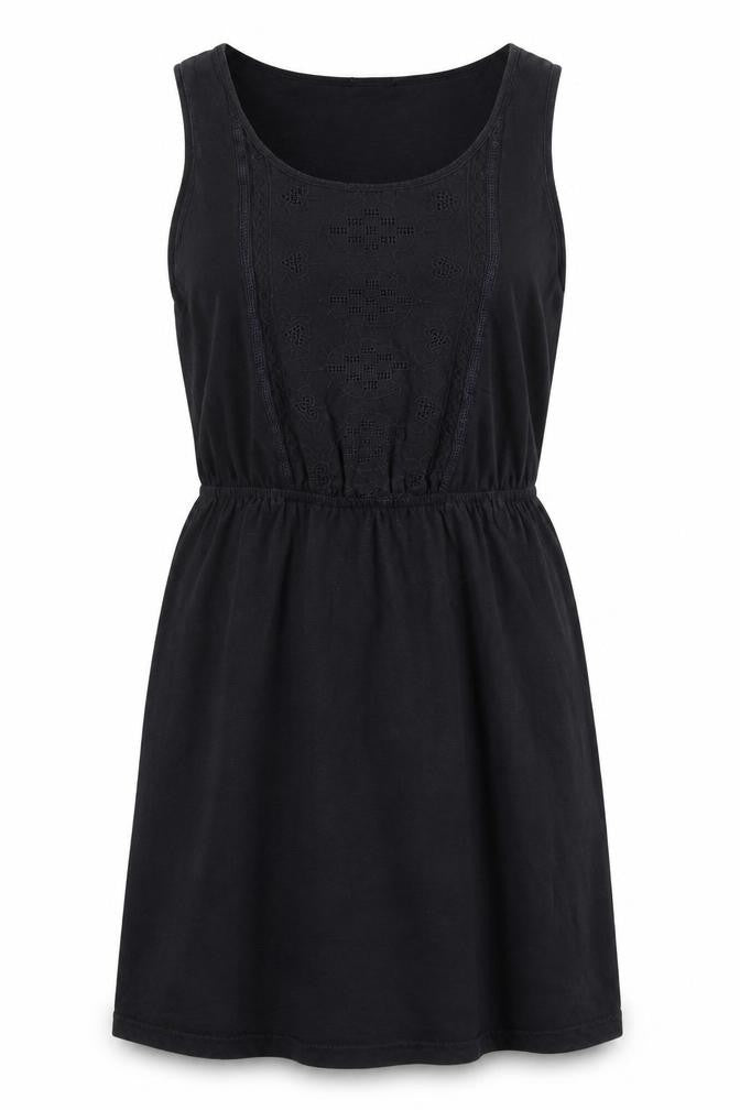 Front view of women’s black polyester sheath, size UK 10, scoop neck pullover