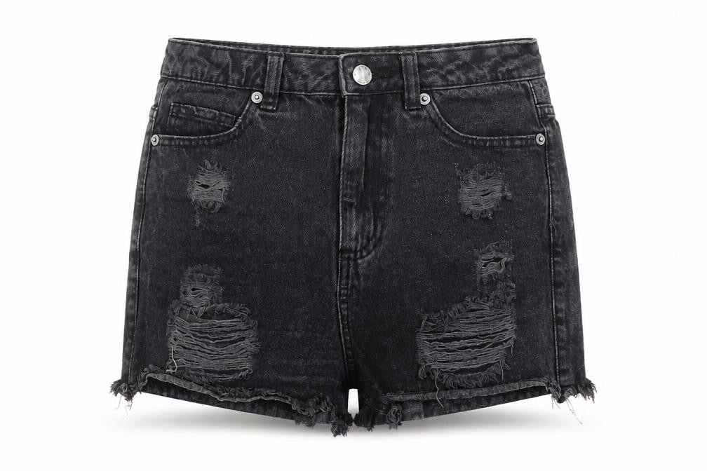 Front view of Denim & Co. women’s black cotton hot pants shorts, size UK 8, regular button - 2